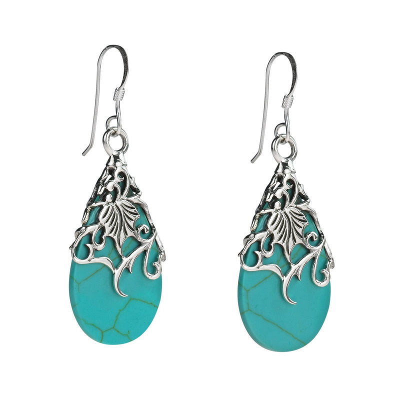 [Australia] - Floral Vine Ornate Teardrop Simulated Turquoise .925 Sterling Silver Dangle Earrings 