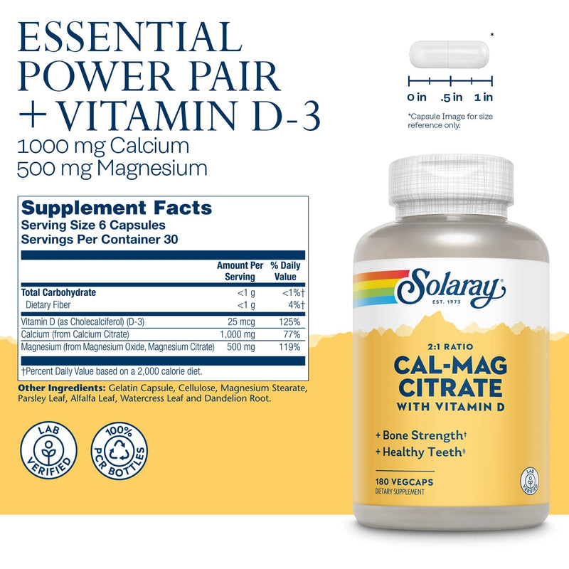 [Australia] - Solaray Calcium Magnesium Citrate 2:1 w/Vitamin D-3, 30 Serv, 180 Caps 