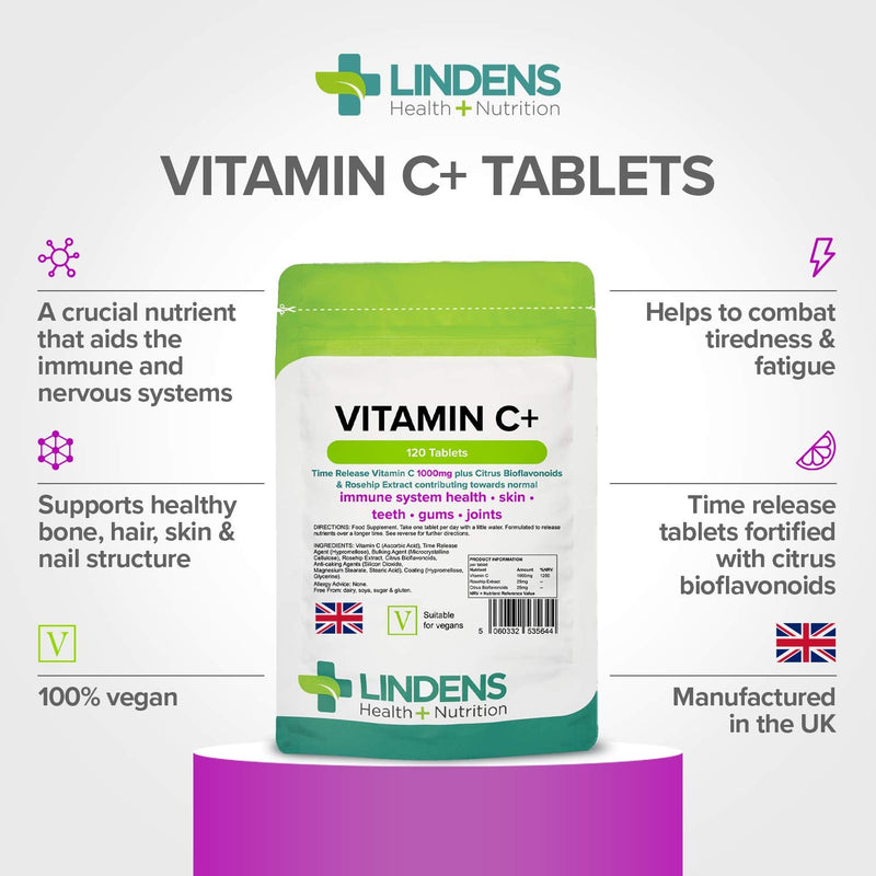 [Australia] - Lindens Vitamin C+ 1000mg - 120 Tablets - Time Release Tablets with Citrus Bioflavonoids and Rosehip - Contributes to Immune System Health, Reduces Tiredness and Supports Healthy Skin and Teeth 120 Count (Pack of 1) 