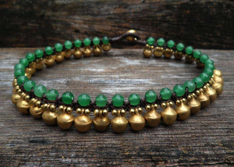 [Australia] - Infinity Trendy Fashion Anklet Green Jade and Brass Bell Ankle Bracelet 10 Inches Woven with Wax Cord Beautiful Handmade Hippie Bohemian Style 