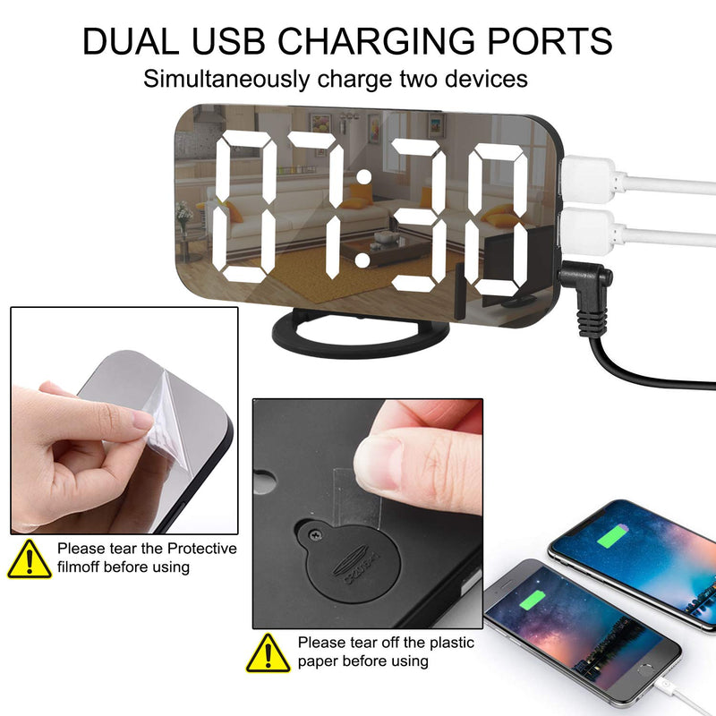 [Australia] - Digital Clock Large Display, LED Alarm Electric Clocks Mirror Surface for Makeup with Diming Mode, 3 Levels Brightness, Dual USB Ports Modern Decoration for Home Bedroom Decor-Black Black-white 