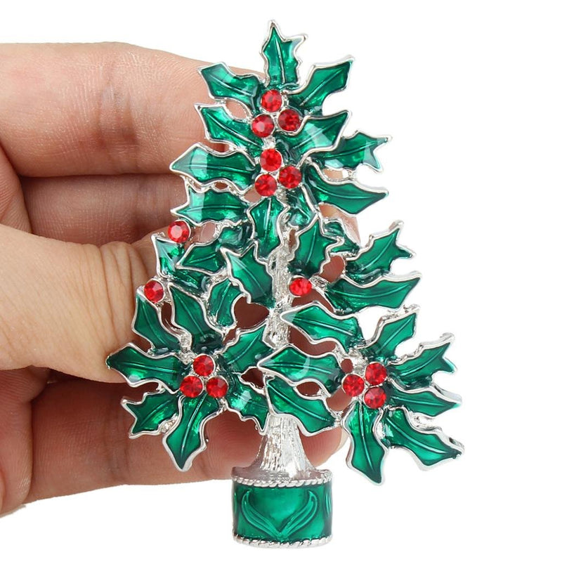 [Australia] - EVER FAITH Green Evergreen Tree Flower Brooch Pin Austrian Crystal Silver-Tone 