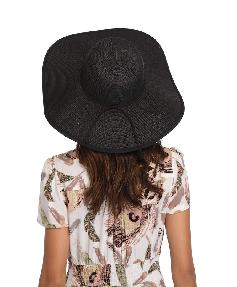 [Australia] - Lanzom Womens 5.5 Inches Big Bowknot Straw Hat Large Floppy Foldable Roll up Beach Cap Sun Hat UPF 50+ 01 Style B-black One Size 