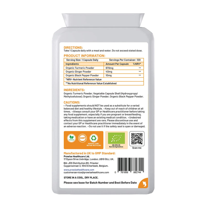 [Australia] - Organic Turmeric Curcumin 670mg - 120 Capsules | Organic Turmeric and Black Pepper Capsules High Strength | Vegan & Vegetarian Turmeric Supplements | Certified Organic by Soil Association | Prowise UK 120 Count (Pack of 1) 