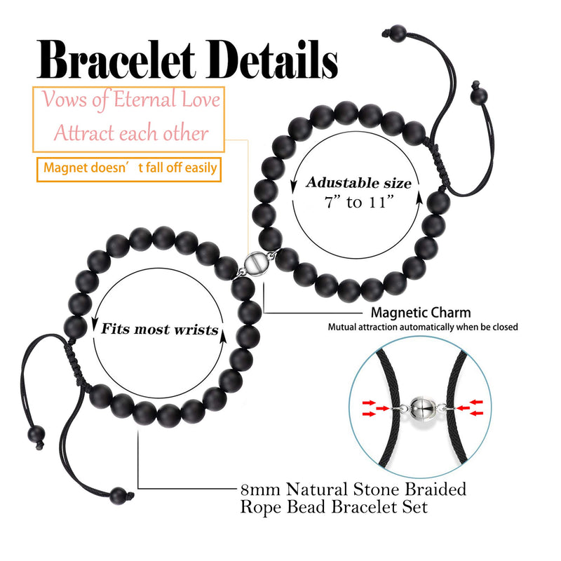 [Australia] - KINGSIN Couples Magnetic Mutual Attraction Bracelets Matte Agate Bracelet Vows of Eternal Love Charms Adjustable Jewelry Gifts Set for Lover Women Men Black 