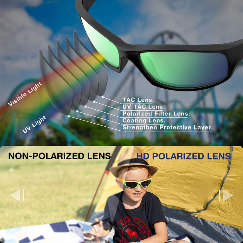 [Australia] - RIVBOS Rubber Kids Polarized Sunglasses With Strap Glasses Shades for Boys Girls Baby and Children Age 3-10 RBK003 003-2 Black Ice Green Lens 