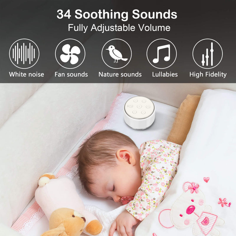 [Australia] - White Noise Machine for Sleeping Baby Kids – Portable Sound Machine with Night Light, USB Rechargeable, 34 Soothing Noises, Auto-Off Timer, Sleep Machine for Adults Babies Lullaby Travel Home White 