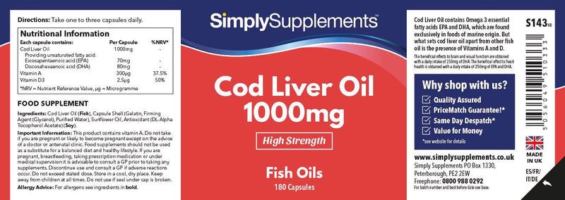 [Australia] - Cod Liver Oil 1000mg | Rich in Omega 3 Fatty Acids | 360 Capsules = Up to Year Supply | Manufactured in The UK 