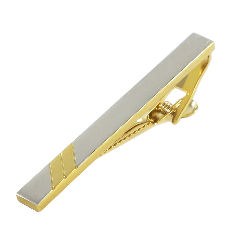 [Australia] - MENDEPOT Two Tone Tie Clip Brushed Silver with Diagonal Gold Stripes Tie Bar with Box 