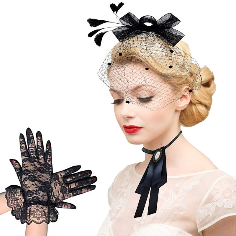 [Australia] - Cooyeah Fascinators Pillbox Hat Black Birdcage Veil Mesh Headband Bow Tie Short Lace Gloves for Tea Party Women, Medium 