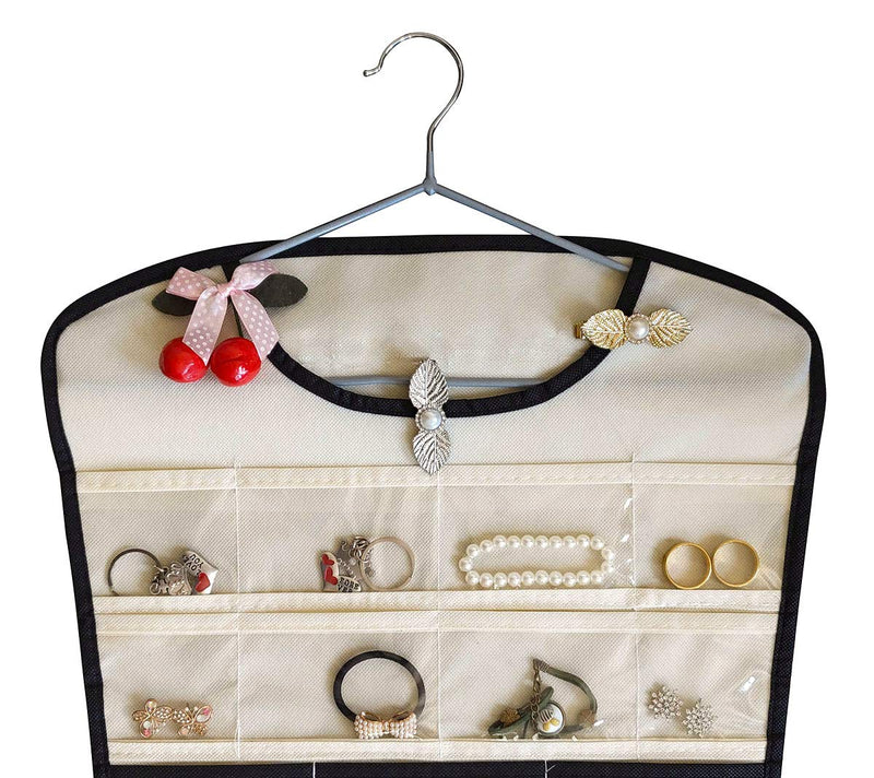 [Australia] - JSXD Hanging Jewelry Organizer,Dress-Like Double Side 84 Clear Pockets and 6 Hook Loops Storage for Holding Jewelries (Beige) Beige 