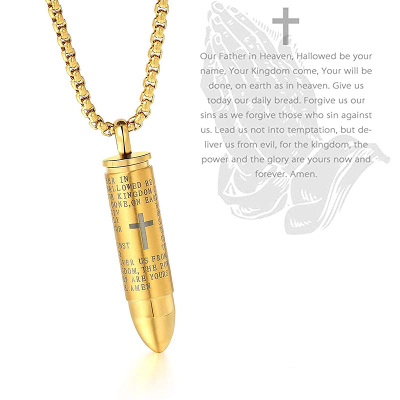 [Australia] - lylqmy English Lord's Prayer Stainless Steel Cross Bullet Pendant Necklace for Men, 22" Chain 24.0 Inches golden tone 