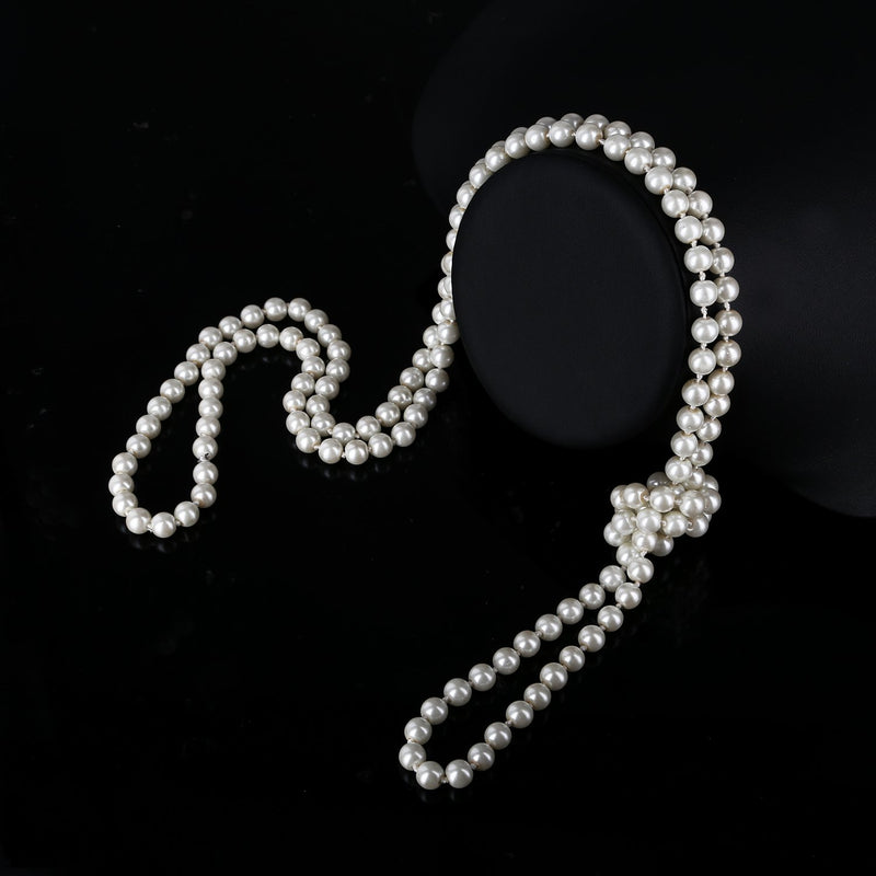 [Australia] - 1920s Accessories Set Flapper Headband,Earrings,Pearl Necklace,Gloves,Net Tights,Pearl Bracelet One Size Set-10 