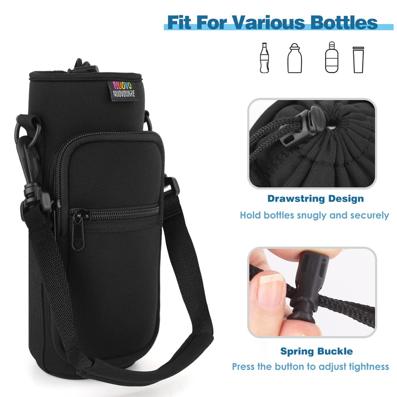 [Australia] - Nuovoware Water Bottle Carrier Bag, Bottle Pouch Holder, Adjustable Shoulder Hand Strap 2 Pocket Sling Neoprene Sleeve Sports Water Bottle Accessories for Men/Women Hiking Travelling Camping, Black 