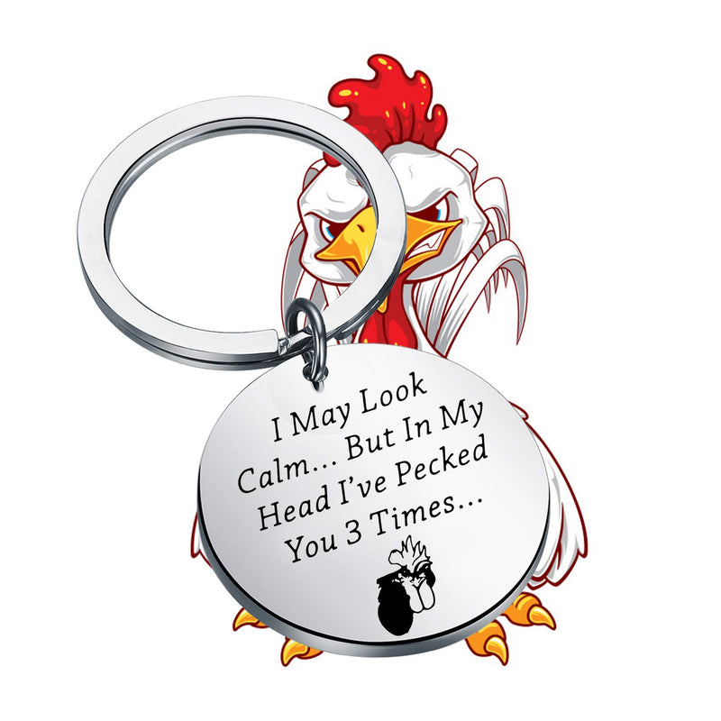 [Australia] - BEKECH Funny Calm Chicken Keychain I May Look Calm But in My Head I’ve Pecked You 3 Times Jewelry Gift for Chicken Lovers Rooster Lovers Gift silver keychain 