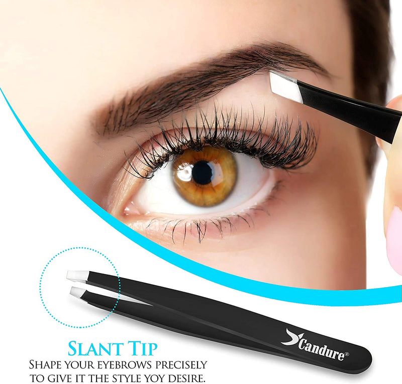 [Australia] - Candure Tweezers for Eyebrows - Professional Stainless Steel Slanted and Pointed Tip Hair tweezers Set for Ingrown Hair, Blackhead Removal, Eyelash Extension, Eyebrows Plucking Beauty Tool for Women Black 