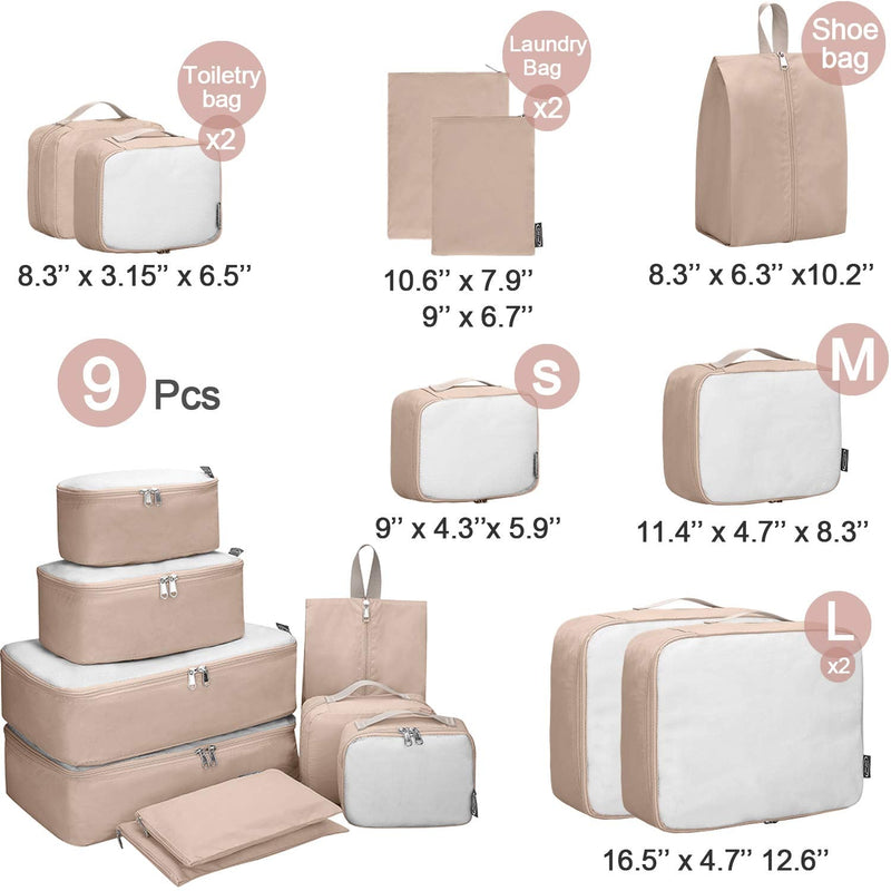 [Australia] - G4Free 9 pcs Packing Cubes Mesh Travel Luggage Bag Set Packing Organizer (2l+m+slim+2toiletry Bag+shoes Bag+2laundry Bag)beige 