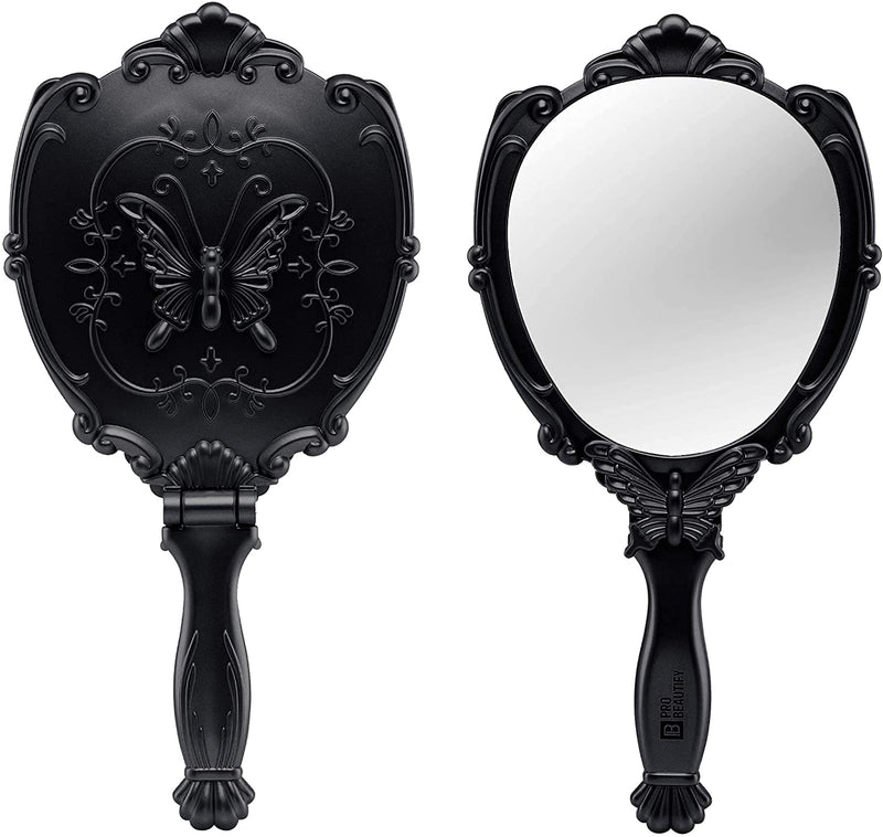 [Australia] - Probeautify Decorative Hand Held Mirror - Beautifully Butterfly Design Hand Mirrors with Handle - Lightweight Mirror - 180 Degrees Full Folding Portable Mirror - Travel Makeup Mirror (Black) Black 
