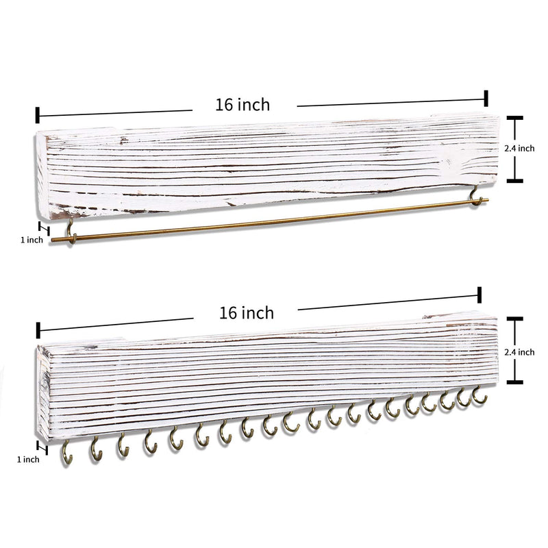 [Australia] - Large Wall Mounted Hanging Jewelry Organizer Set of 3, White Wall-Mounted Wood Necklace Holder with Removable Bracelet Rod and 40 Jewelry Hooks, 16 x 2.4 x 1 inch (Rustic White) Rustic White 