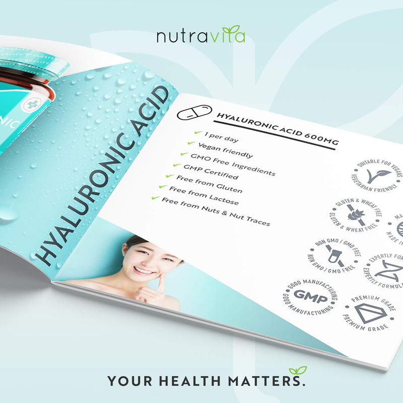 [Australia] - Hyaluronic Acid Capsules - One Month Supply of 600mg Hyaluronic Acid Capsules - High Dose with 500-700 KDA - GMO Free with No Synthetic Fillers or Binders - Made in The UK by Nutravita 30 Capsules 