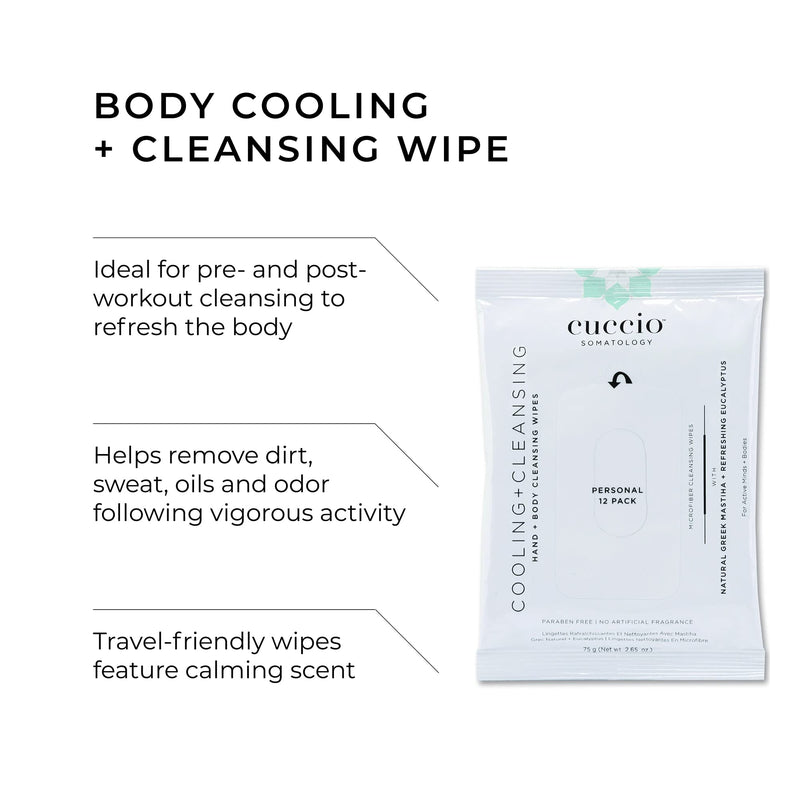 [Australia] - Cuccio Somatology Cooling and Cleansing Active Body Wipes - Get Clean and Cool Pre and Post Workout - With Greek Mastiha and Refreshing Eucalyptus - Paraben Free, No Artificial Fragrance - 12-Pack 