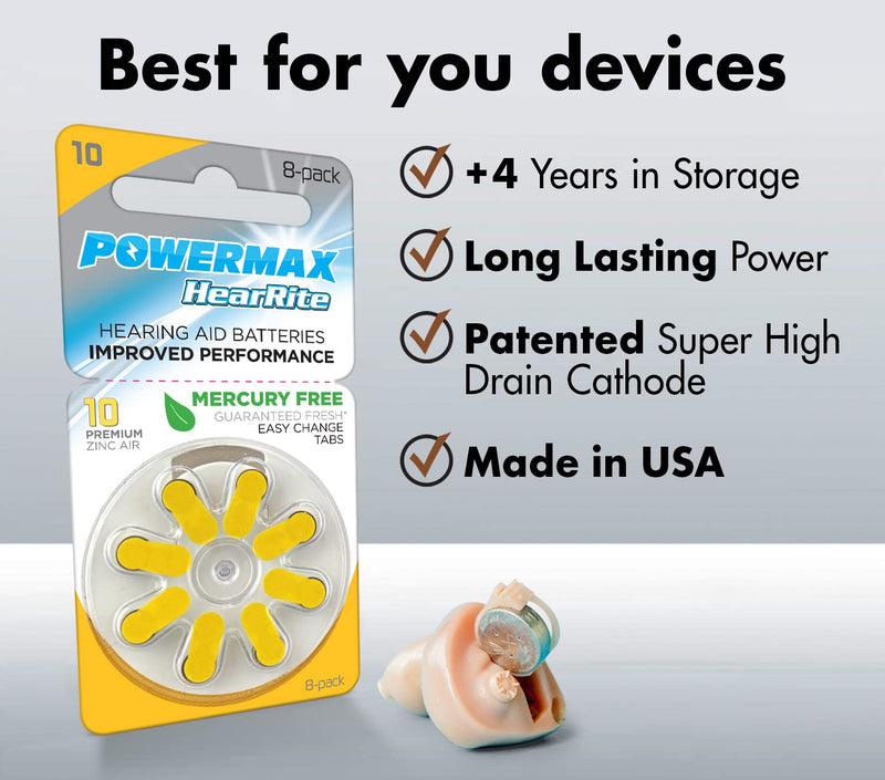 [Australia] - Powermax Hearing Aid Batteries, Yellow Tab, Made In the USA, Size 10 - 8 Count (Pack of 10), Total 64 Count Size 10 (64 Count) 64-Count 