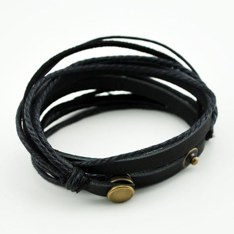[Australia] - FRD.2Y Genuine Leather Bracelet for Women & Men,Unisex Multilayer Leather Adjustable Bracelet Cuff Wrap Multicolor Rope Wristband Black 