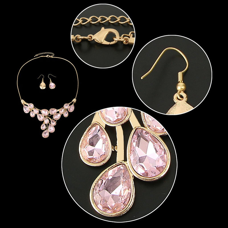 [Australia] - EVER FAITH Women's Austrian Crystal Bridal Waterdrop On The Branch Necklace Earrings Set Pink Gold-Tone 