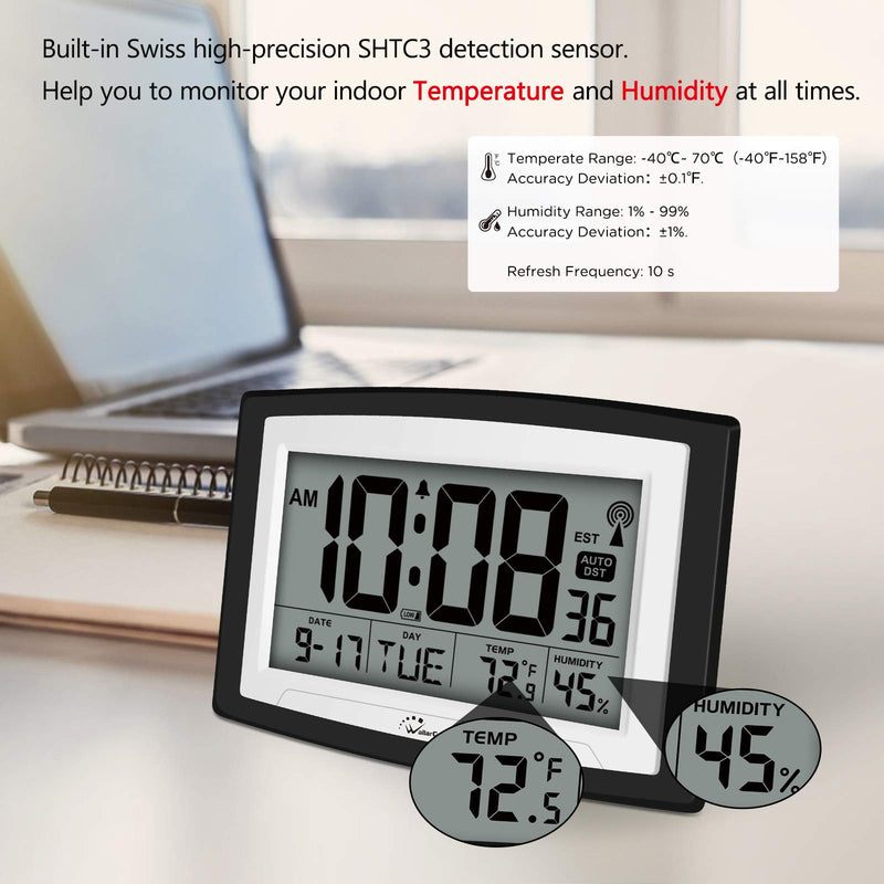 [Australia] - WallarGe Atomic Clock with Indoor Temperature and Humidity,Self-Setting Digital Wall Clock or Desk Clock,Battery Operated Alarm Days Digital Clock Large Display for Seniors,Auto DST. Black 
