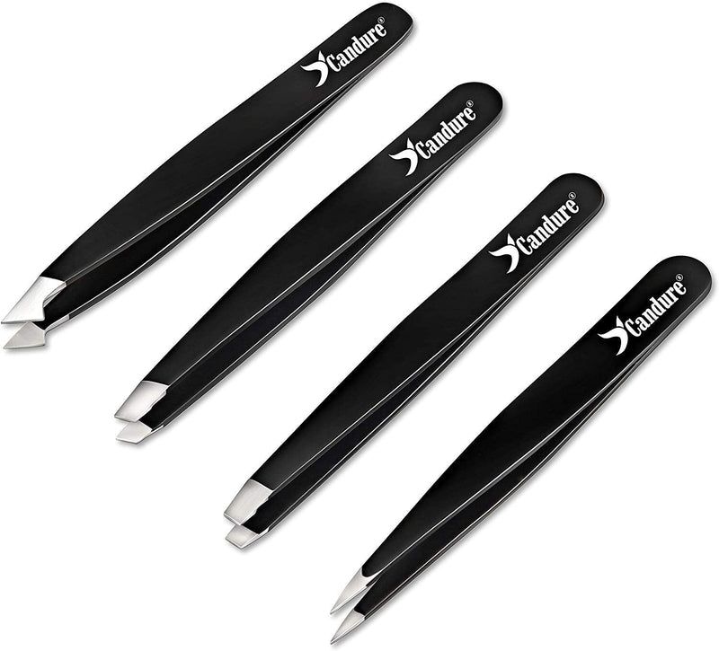 [Australia] - Candure Tweezers for Eyebrows - Professional Stainless Steel Slanted and Pointed Tip Hair tweezers Set for Ingrown Hair, Blackhead Removal, Eyelash Extension, Eyebrows Plucking Beauty Tool for Women Black 