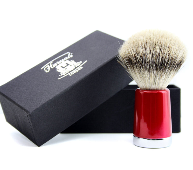 [Australia] - Mens Sliver Tip Badger Hair Shaving Brush with Shiny Red Base & Stainless Steel Brush Stand/Holder 