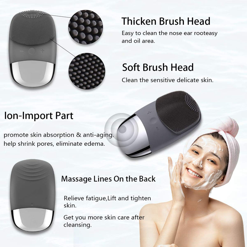 [Australia] - Facial Cleansing Brush, 3-in-1 Electric Silicone Face Scrubber, Sonic Facial Massager, IPX7 Waterproof, USB Rechargeble Face Scrubber Brush for Deep Cleanning, Blackhead Remover, Exfoliating(Gray) Gray 