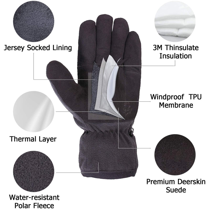 [Australia] - SKYDEER Winter Gloves with Premium Genuine Deerskin Suede Leather and Windproof Polar Fleece (Unisex SD8661T/S, Warm 3M Thinsulate Insulation) Small Black 