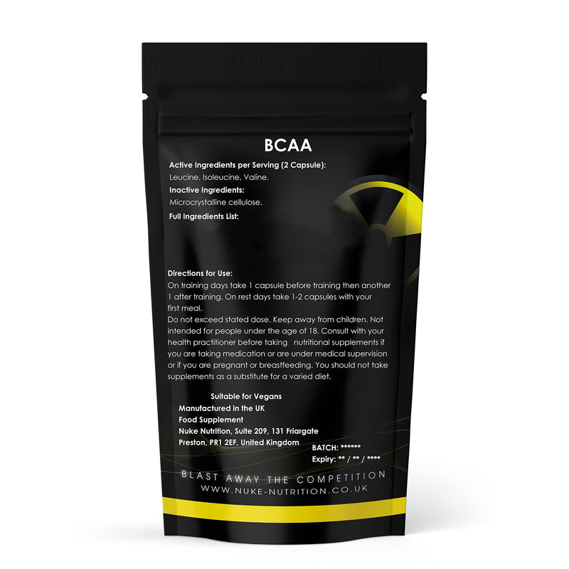 [Australia] - Nuke Nutrition BCAA Capsules | 60 Capsules 1000mg | Advanced Essential Amino Acids Supplement to Build Lean Muscle | Boost Recovery, Muscle Building & Growth | Leucine, Isoleucine & Valine | Vegan 60 Count (Pack of 1) 