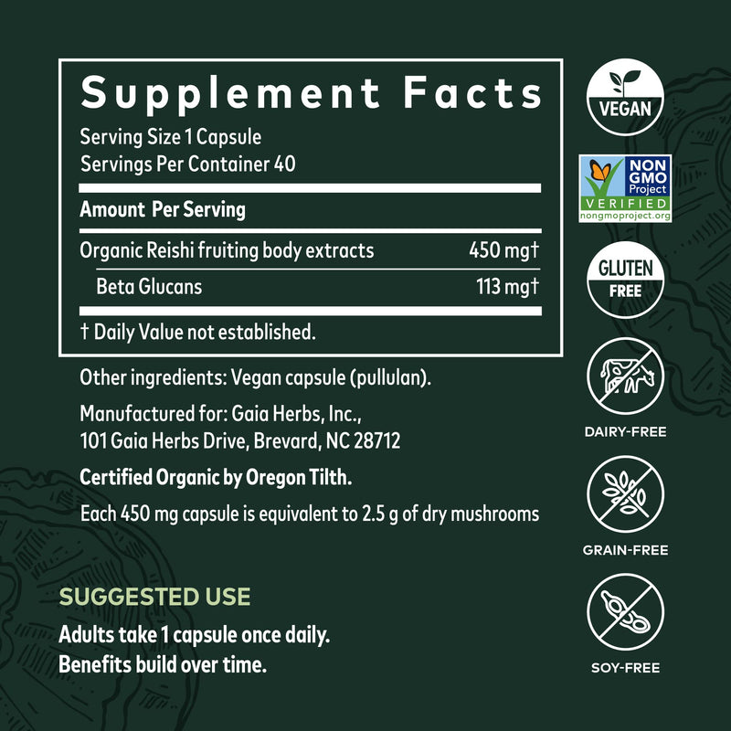 [Australia] - Gaia Herbs Reishi Mushroom - Helps Maintain a Healthy Immune System & Supports Heart Health - Adaptogen Herbal Supplement for Longevity Support - 40 Vegan Liquid Phyto-Capsules (40-Day Supply) 