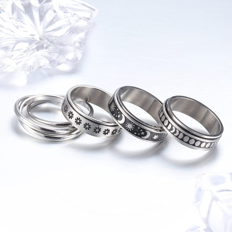 [Australia] - CASSIECA 4 Pcs Stainless Steel Fidget Rings for Women Mens Spinner Rings Flower Moon Star Cool Anxiety Rings Stress Relieving Wedding Promise Rings Set(Size 5-10) 6 