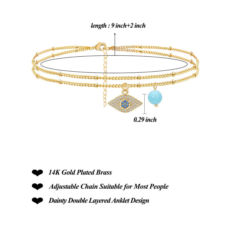 [Australia] - Estendly Evil Eye Double Layered Anklet Beads Chain 14K Gold Plated Dainty Bobo Beach Foot Jewelry Gift for Women Layer - Evil Eye CZ & Beads 