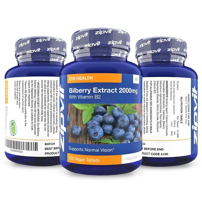 [Australia] - Bilberry Extract 2000mg with Added Vitamin B2, 120 Vegan Tablets. Vegetarian Society Approved. 