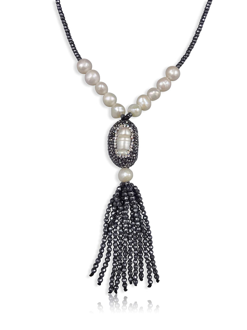 [Australia] - MGR MY GEMS ROCK! Cultured Fresh Water Pearl with Pearl-Druzy Pave Pendant and Hematite Tassel Necklace 