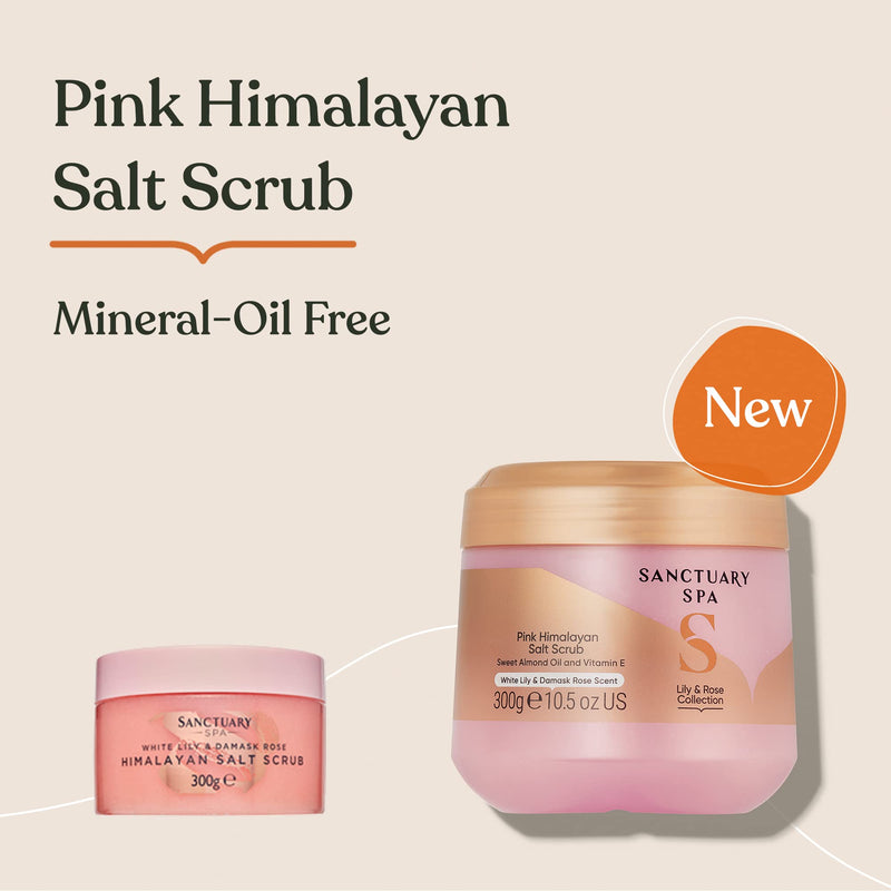 [Australia] - Sanctuary Spa Lily and Rose Salt Body Scrub, Exfoliating Pink Himalayan Salt with Vitamin E and Almond Oil, Vegan and Cruelty Free, 300g New Version 