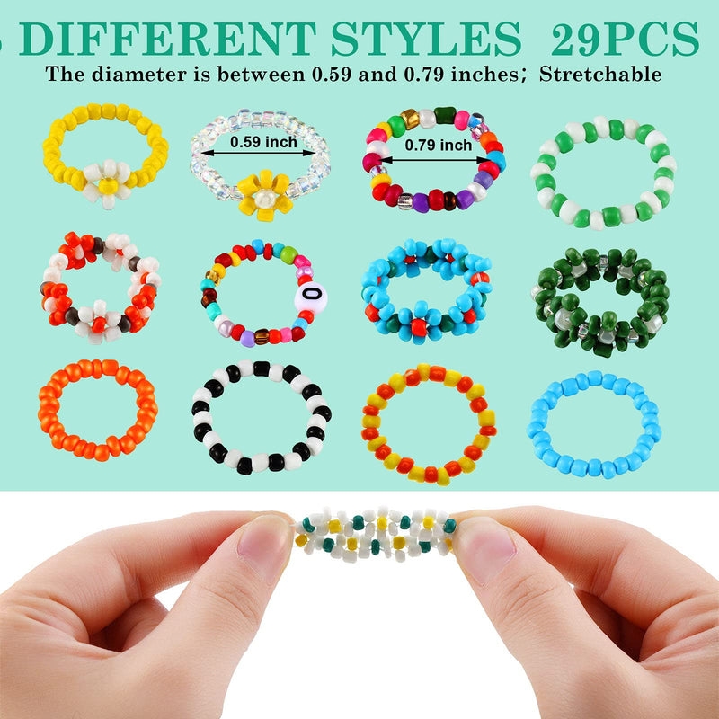 [Australia] - Jadive 29 Pieces Flower Beaded Ring Daisy Flower Bead Rings Set Rice Bead Rings Cute Handmade Vsco Boho Beach Rings Colorful Jewelry Ring Rainbow Colorful Beads Knuckle Ring Set for Girl Women 