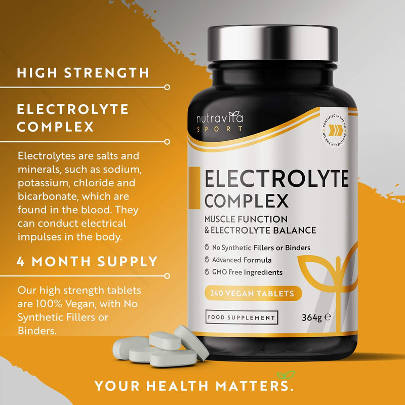 [Australia] - Electrolyte Complex - High Strength Tablets with Added Magnesium, Potassium & Calcium - Muscle Function and Electrolyte Balance - 240 Vegan Tablets - No Synthetic Binders - Made in The UK by Nutravita 