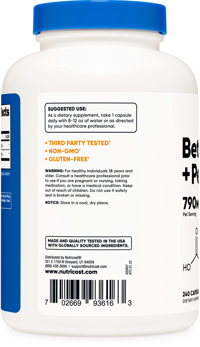 [Australia] - Nutricost Betaine HCl + Pepsin 790mg, 240 Capsules - Gluten Free & Non-GMO 240 Count (Pack of 1) 
