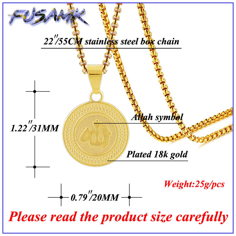 [Australia] - Fusamk Hip Hop Religious 18K Alloy Allah Medallion Tag Pendant Symbol Charm Necklace Plated Gold Allah Medallion 