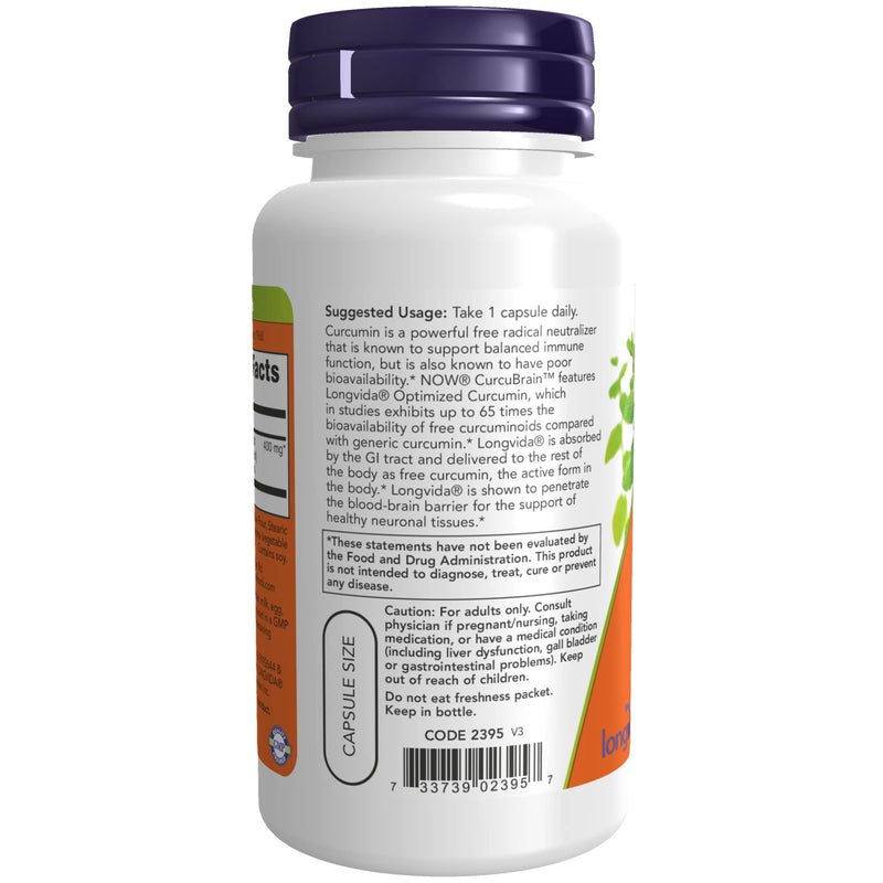 [Australia] - NOW Supplements, CurcuBrain™ 400 mg with Longvida® Optimized Curcumin, 50 Veg Capsules 