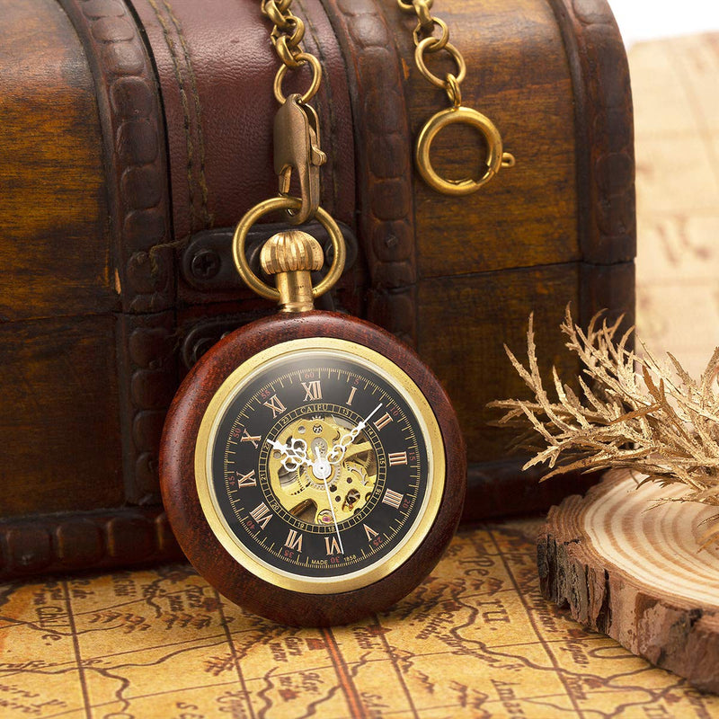 [Australia] - ManChDa Steampunk Mechanical Hand Wind Skeleton Pocket Watch Roman Copper Wooden with Chain Gift Box 1.Brown 