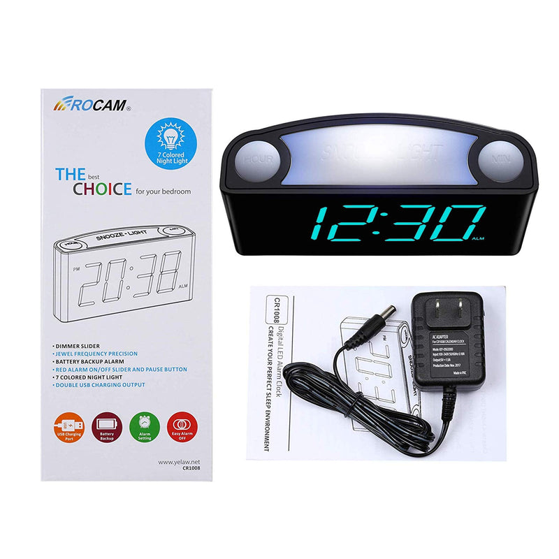 [Australia] - Rocam Digital Alarm Clock for Bedrooms - Large 7" LED Display with Dimmer, Snooze, 7 Night Light, Easy to Set, USB Chargers, Battery Backup, 12/24 Hour for Kids,Boys,Teens,Heavy Sleepers(Blue) Blue 