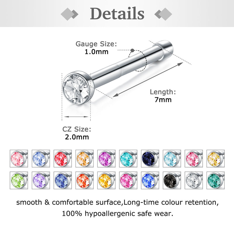 [Australia] - Zolure Surgical Steel Nose Pin Bone Screws Studs 18G 20G 20-32PCS Body Piercing Set Jewelry, Clear Nose Stud Retainer for You A/18g mix color (nose pin) 