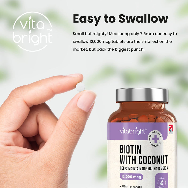 [Australia] - Biotin for Hair Growth, Skin and Nails - 12,000mcg High Strength - 365 Tablets (1 Year Supply) - Enriched with Coconut Oil Powder - Natural D-Biotin (Biologically Active) - Made in UK by VitaBright 
