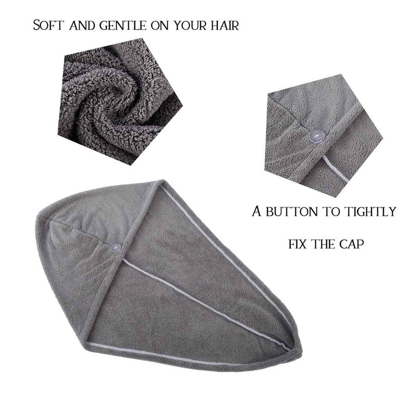 [Australia] - Avanlin Hair Towel Wraps Grey Absorbent Twist Turban Drying Hair Caps with Button Hair Drying Towels for Curly Long and Thick Hair for Women and Girls Pack of 2 